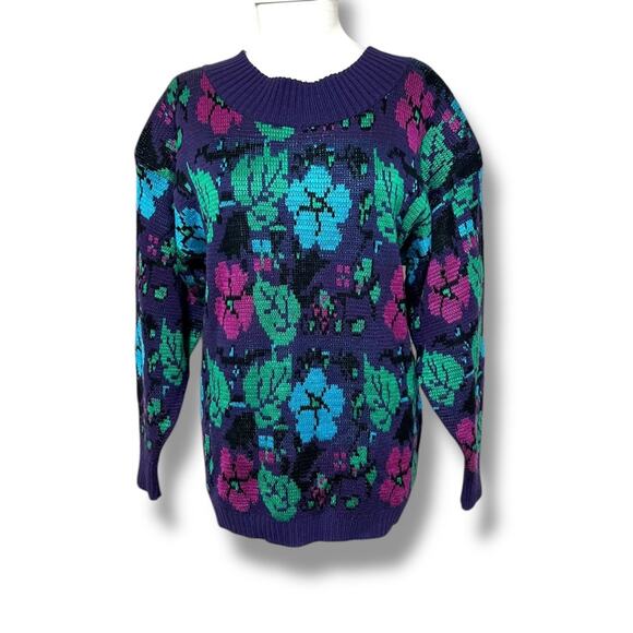 Vintage wool blend Purple and green bright retro floral Crew Neck Sweater padded - Picture 2 of 8